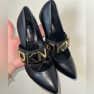 DKNY Black Pointed-Toe Flats w/ Gold Logo Strap
